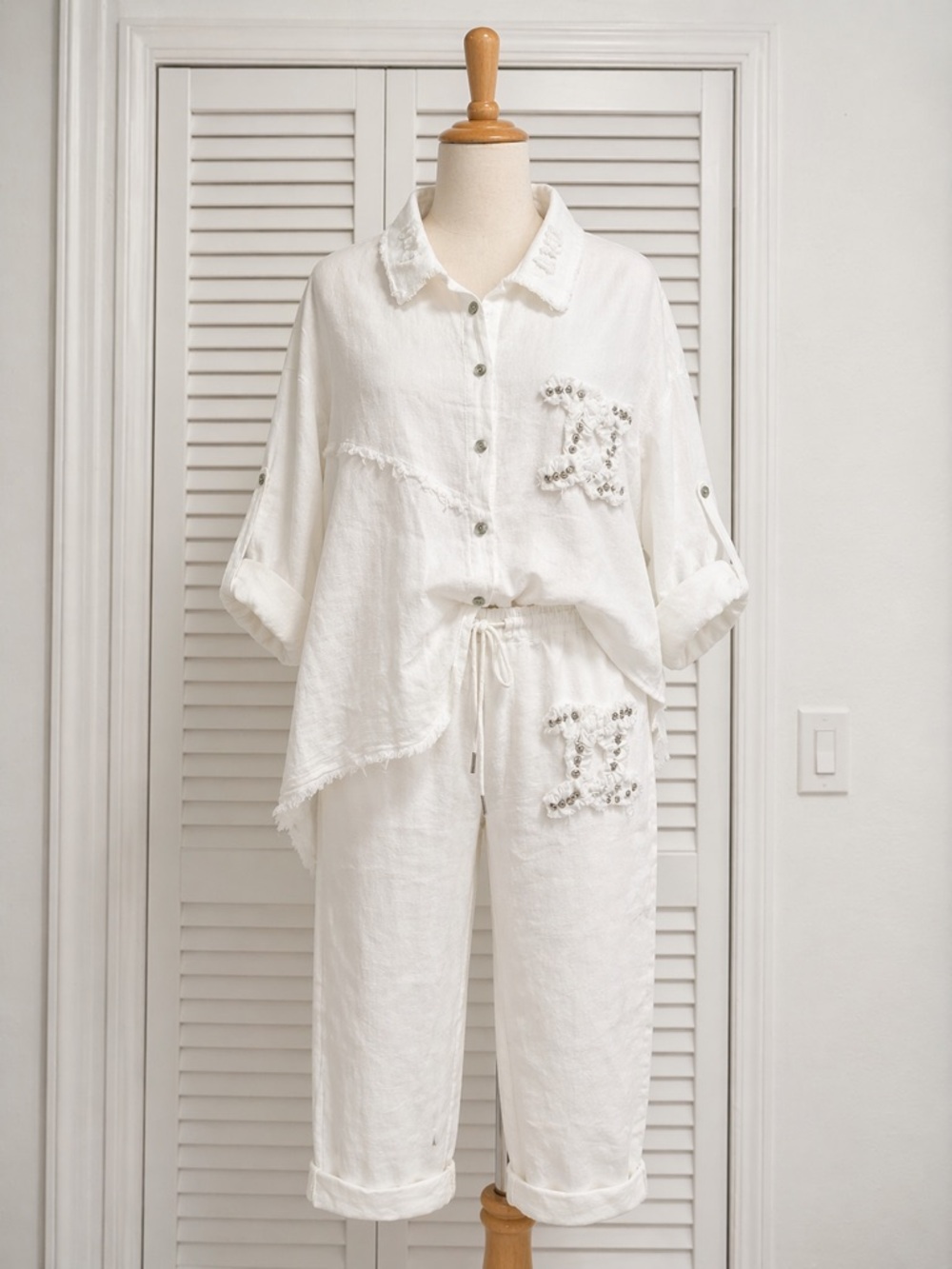 White Embellished Linen Two-Piece Set